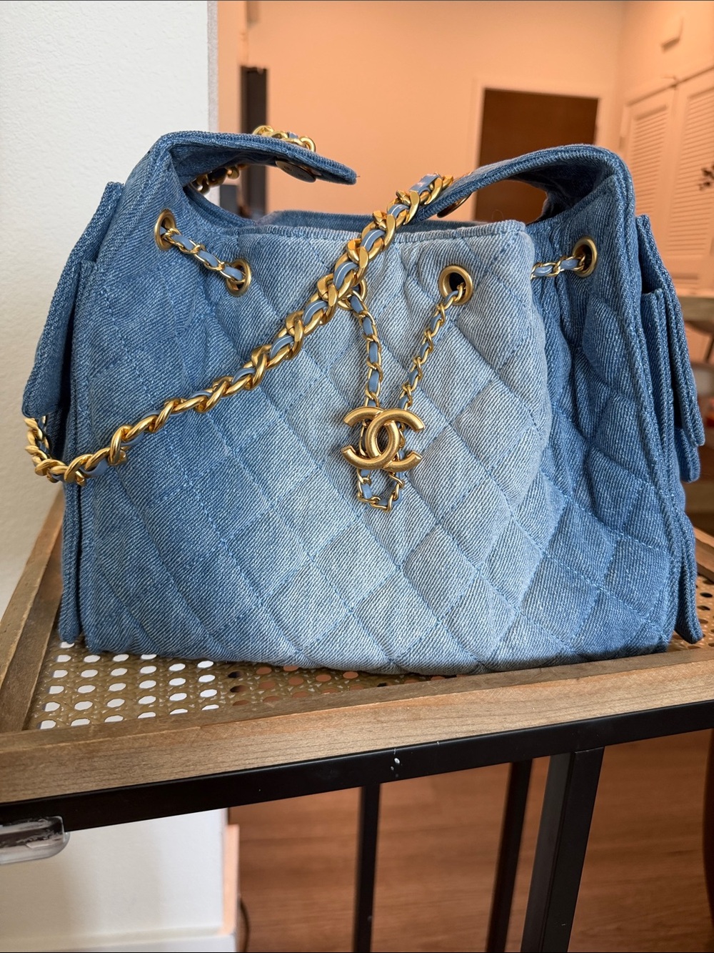 CHANEL Quilted Denim Drawstring Shoulder Bag - Blue with Gold Hardware